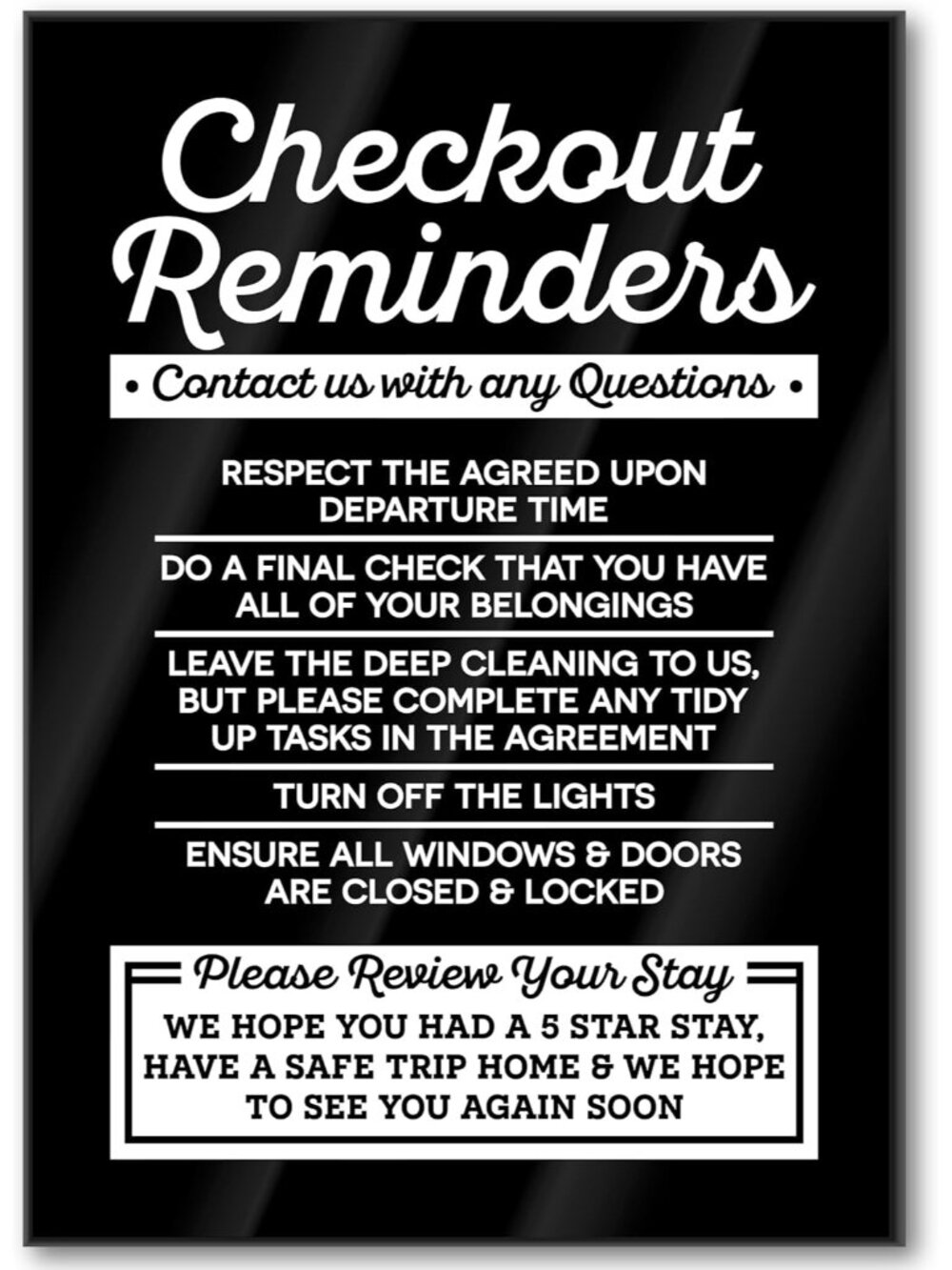 Black Acrylic Checkout Reminders Sign Compatible with Airbnb Essentials for Host